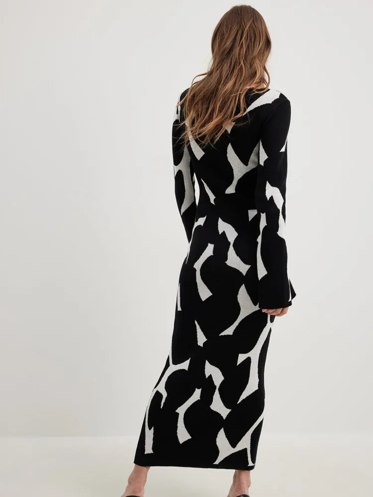 Autumn/winter New Long Sleeve Dress Knitted Sweater Long Dress Printed Bodycon Vesidos Party Evening