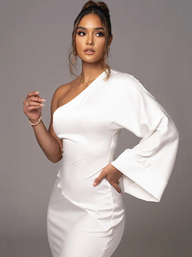 - Long Sleeved Party Evening Dress for , Flared Sleeves, Single Shoulder Bodycon, Maxi Dress, Backless Gown