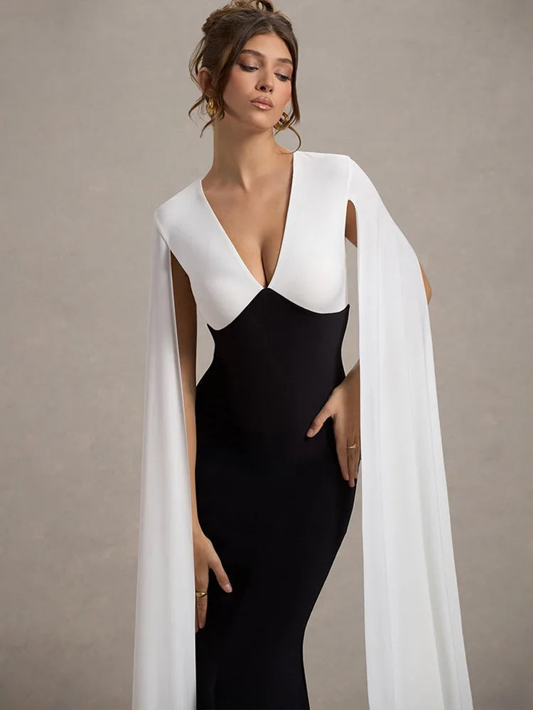 Patchwork Sleeveless Ribbon Bodycon Party Evening Dress Winter V-neck Tight Long Dress Vestido