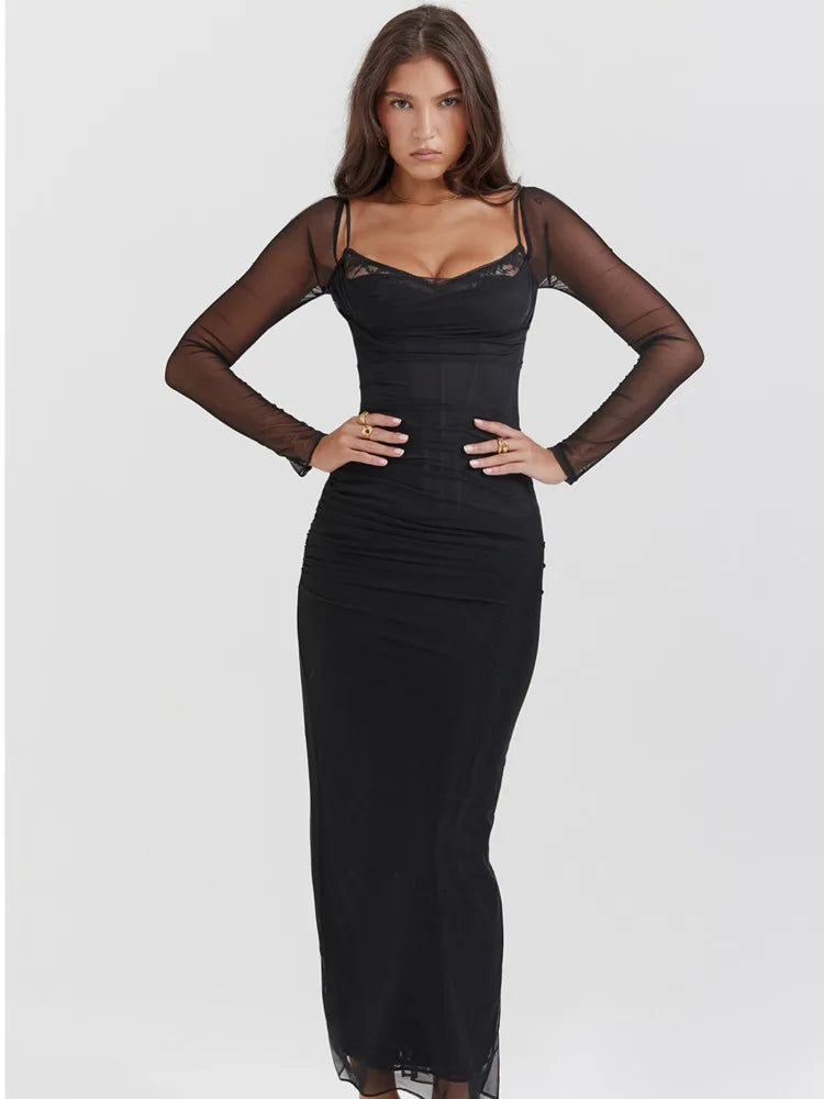 Long Sleeve Mesh Patchwork Lace Double Layer Midi Dress for Autumn Party Clubwear Long Dress