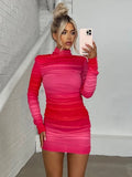 O- Neck Contrast Long Sleeve ’s Dress Party Street Stretchy Tight Ruffle Female Mini Dress Autumn New