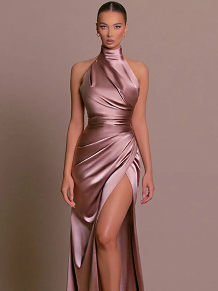 Satin Hanging Collar Sleeveless Split Slim Fit Dress Slim Summer New Long Dress Party Evening Dress