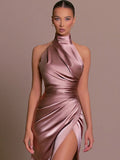 Satin Hanging Collar Sleeveless Split Slim Fit Dress Slim Summer New Long Dress Party Evening Dress