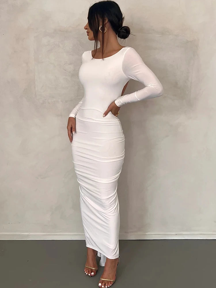 Backless Ruched Maxi Dress White Long Sleeve Evening Dresses Female Autumn Skinny Party Clubwear