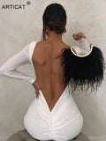 Backless Ruched Maxi Dress White Long Sleeve Evening Dresses Female Autumn Skinny Party Clubwear