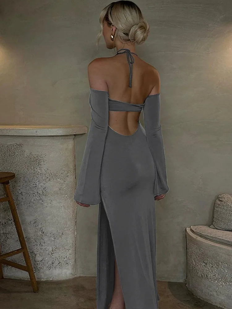 Backless Split Hollow Out Long Sleeve Dress Lace Up Bodycon Maxi Dress Party Club Evening Dress New