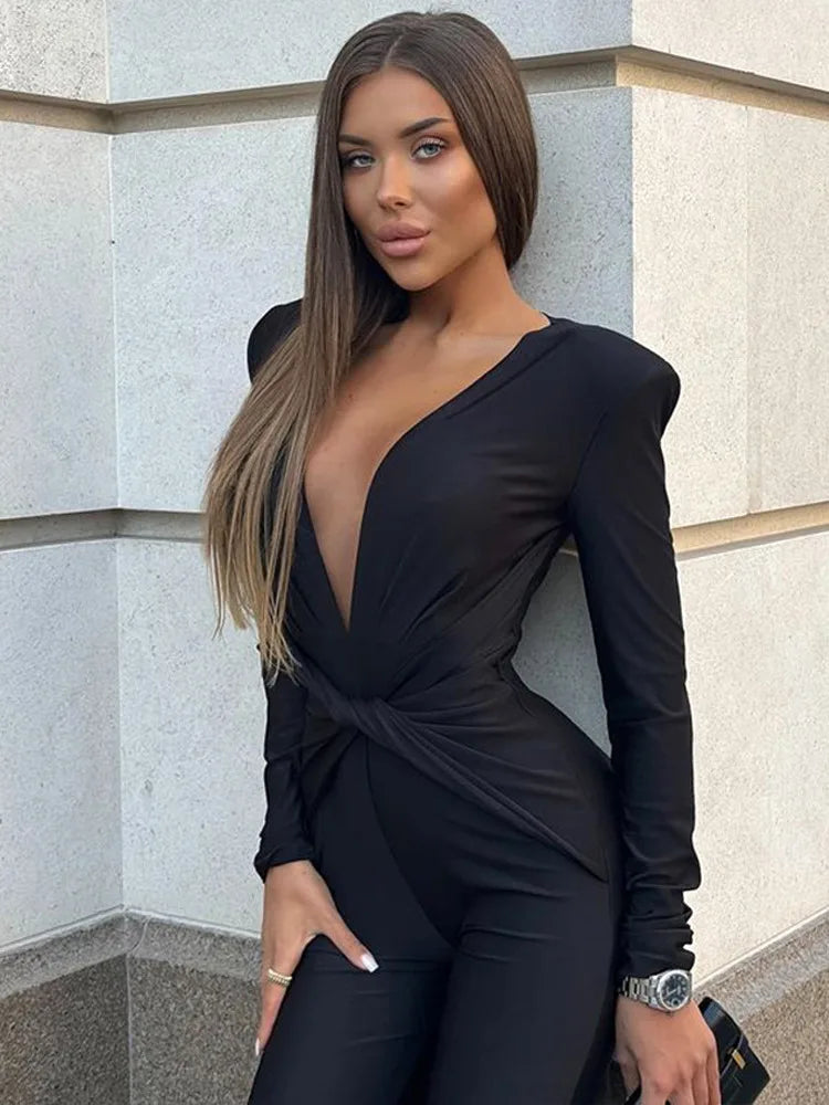 Deep V Elastic Tight Long Sleeved Jumpsuit Autumn Winter New Female Jumpsuit Temperament Street Clothing