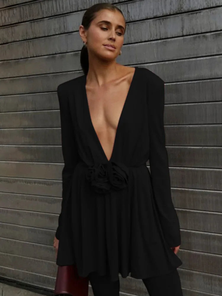 Deep V Long Sleeved 3d Dress for Autumn New Pullover Skinny Mini Dress Party Clubwear