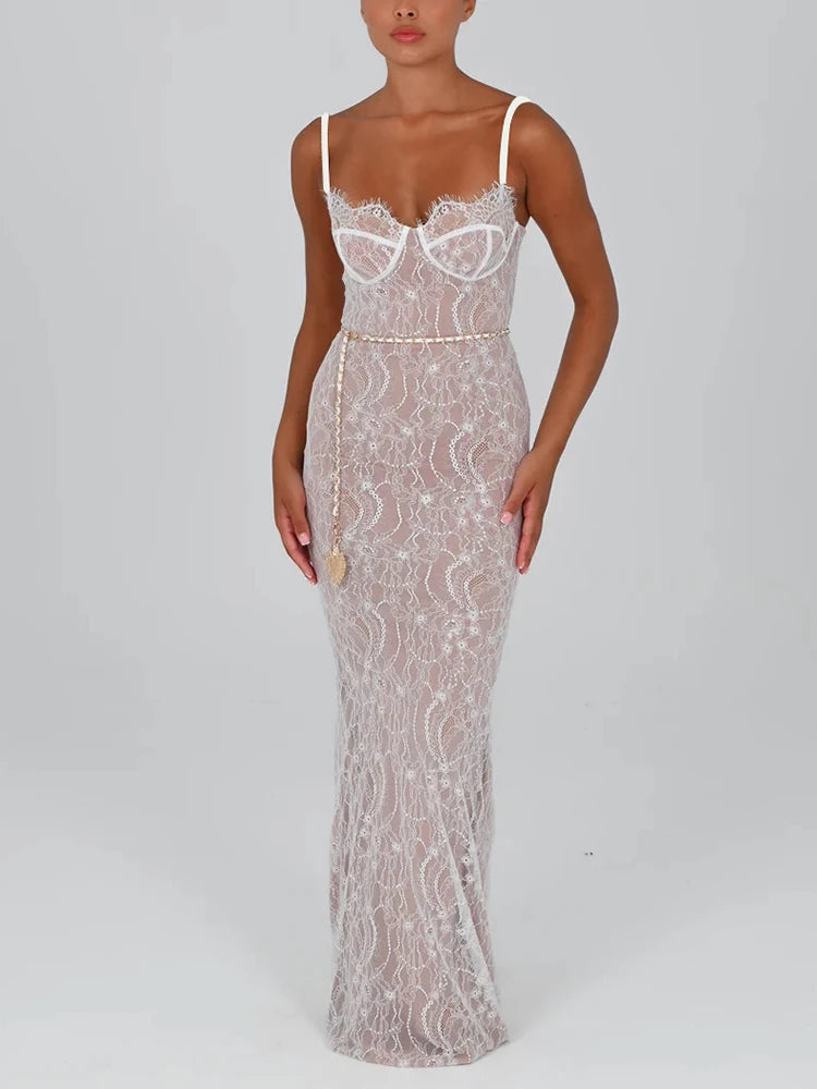 Lace Print Double Layer Dress for Bodycon Backless Metal Heart Pendant Maxi Dress Party Club Evening Dress