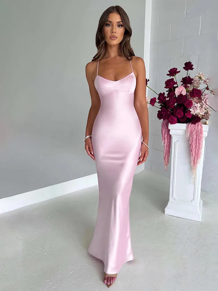 Spaghetti Strap Bodycon Satin Dress With Open Back Lace Up Female Long Dress Party Club Evening Dress