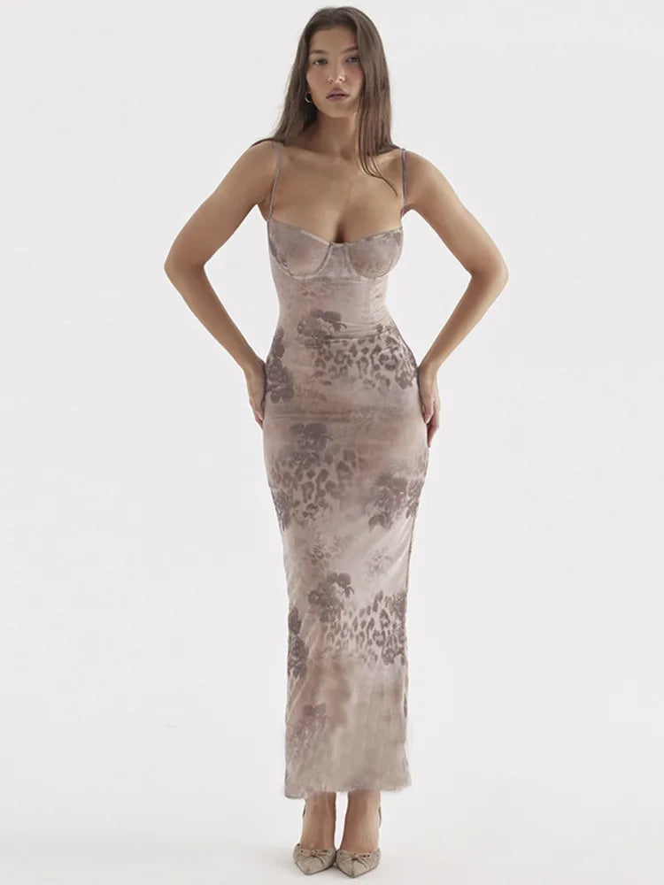 ’s Flower Print Sleeveless Long Dress Female Slim Fit High Waist Bodycon Dress Party Club Evening Dress