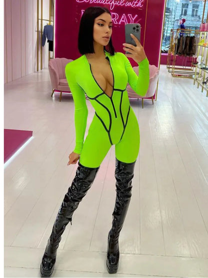 Zipper Jumpsuit Long Sleeve Bandage Tights Jumpsuits Female Party Bodycon Stretch Sporty & Leisure