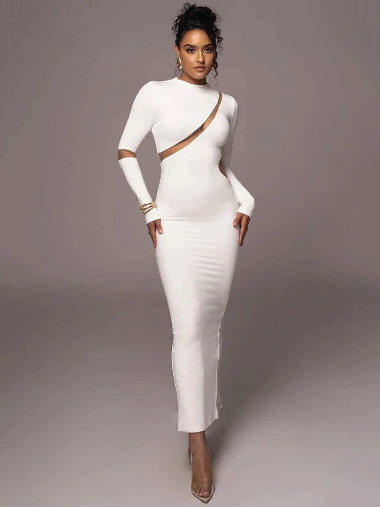 -’s Split Long Sleeve Midi Dress, Hollow Out, Split, Irregular, Irregular, Party, Club, Evening