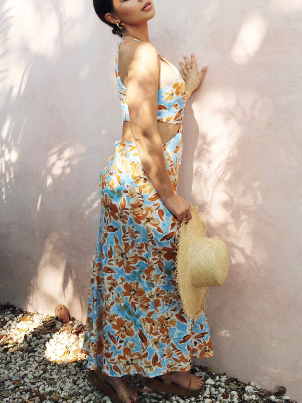 Knotted Cut Out Midi Dress in Baby Blue and Orange