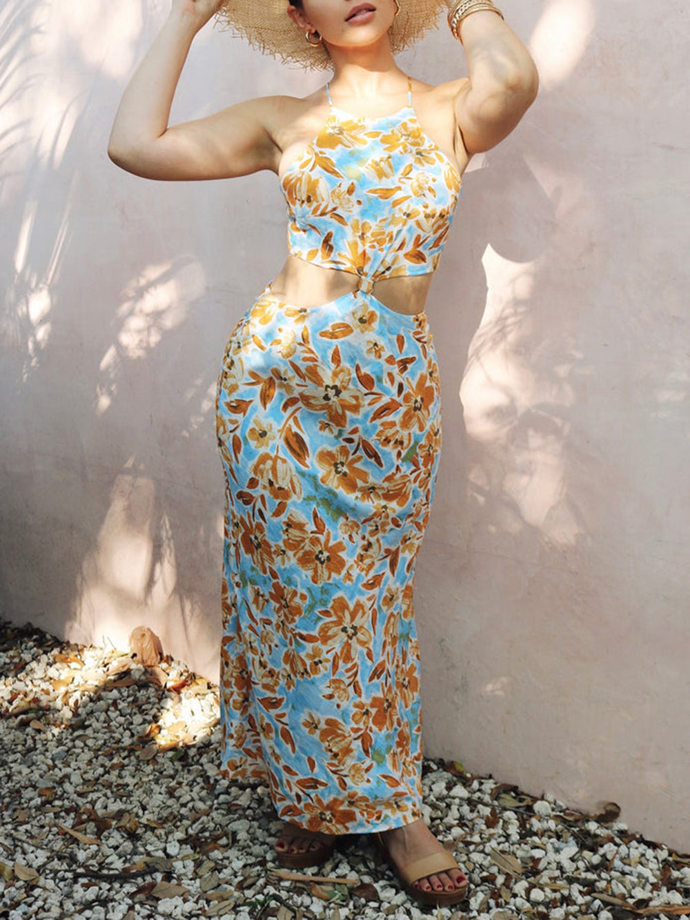 Knotted Cut Out Midi Dress in Baby Blue and Orange