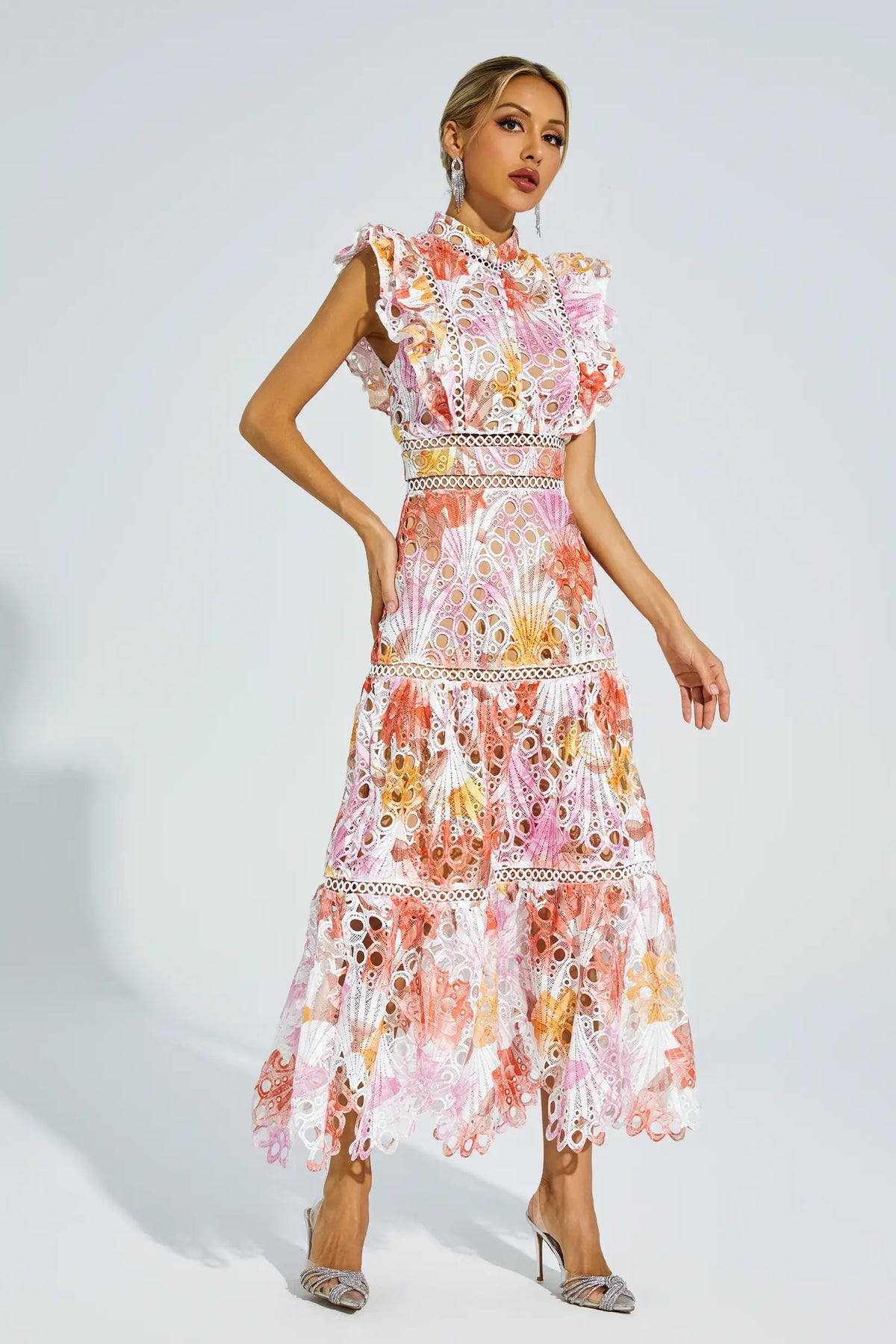 Ayleen Orange Hollow Sleeveless Midi Dress