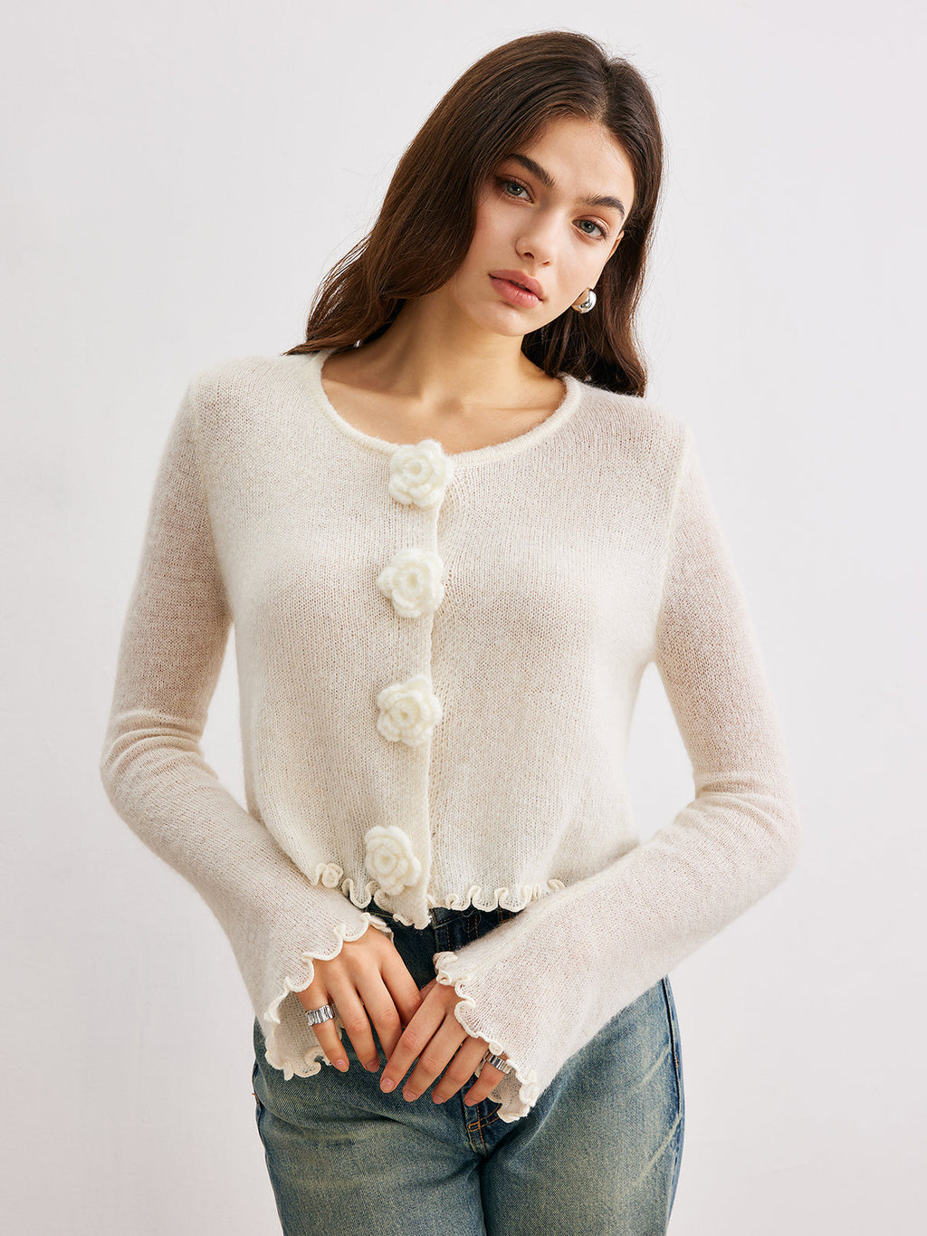 Wool-blend Lettuce Trim 3d Flower Cardigan