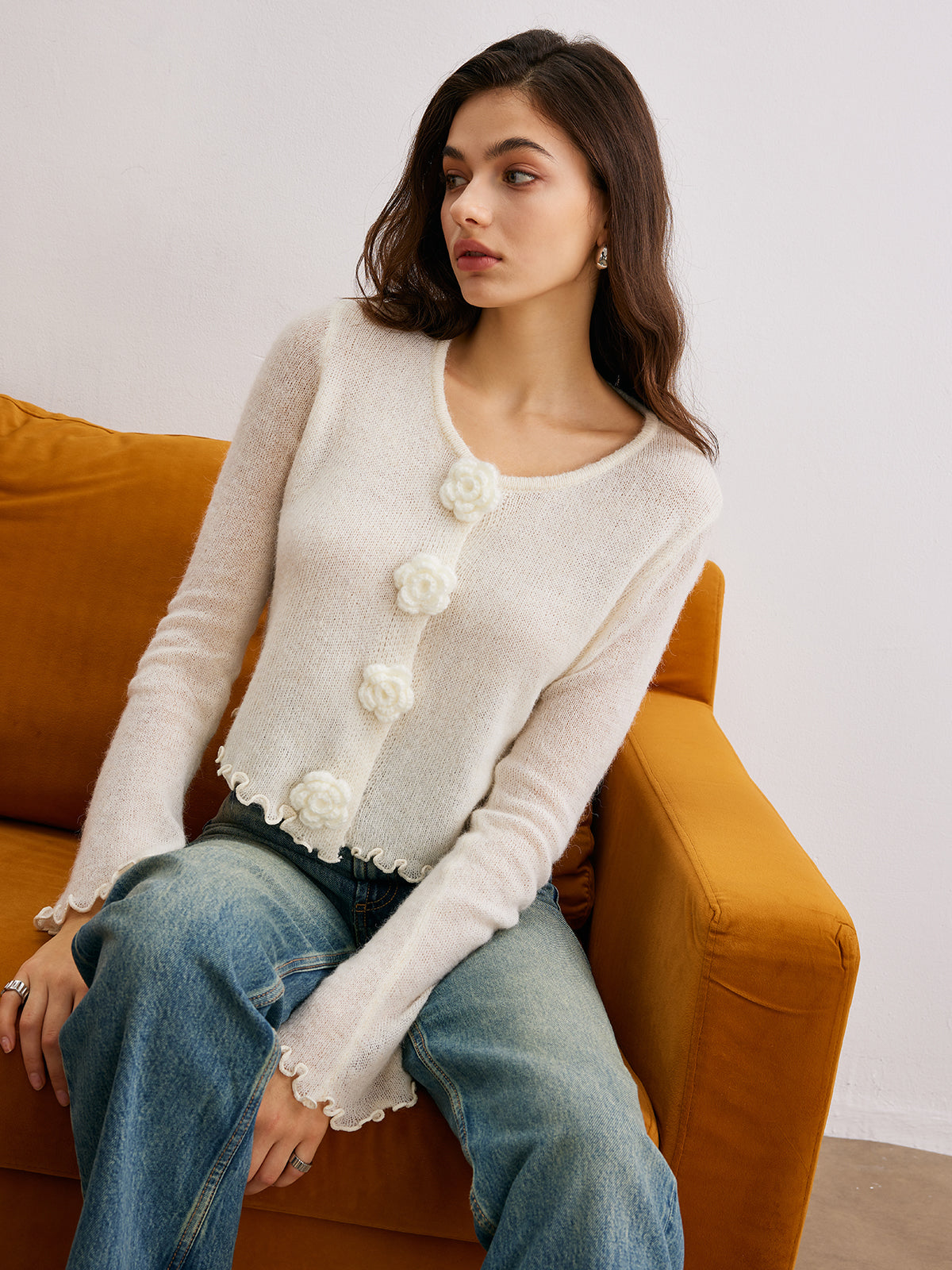 Wool-blend Lettuce Trim 3d Flower Cardigan