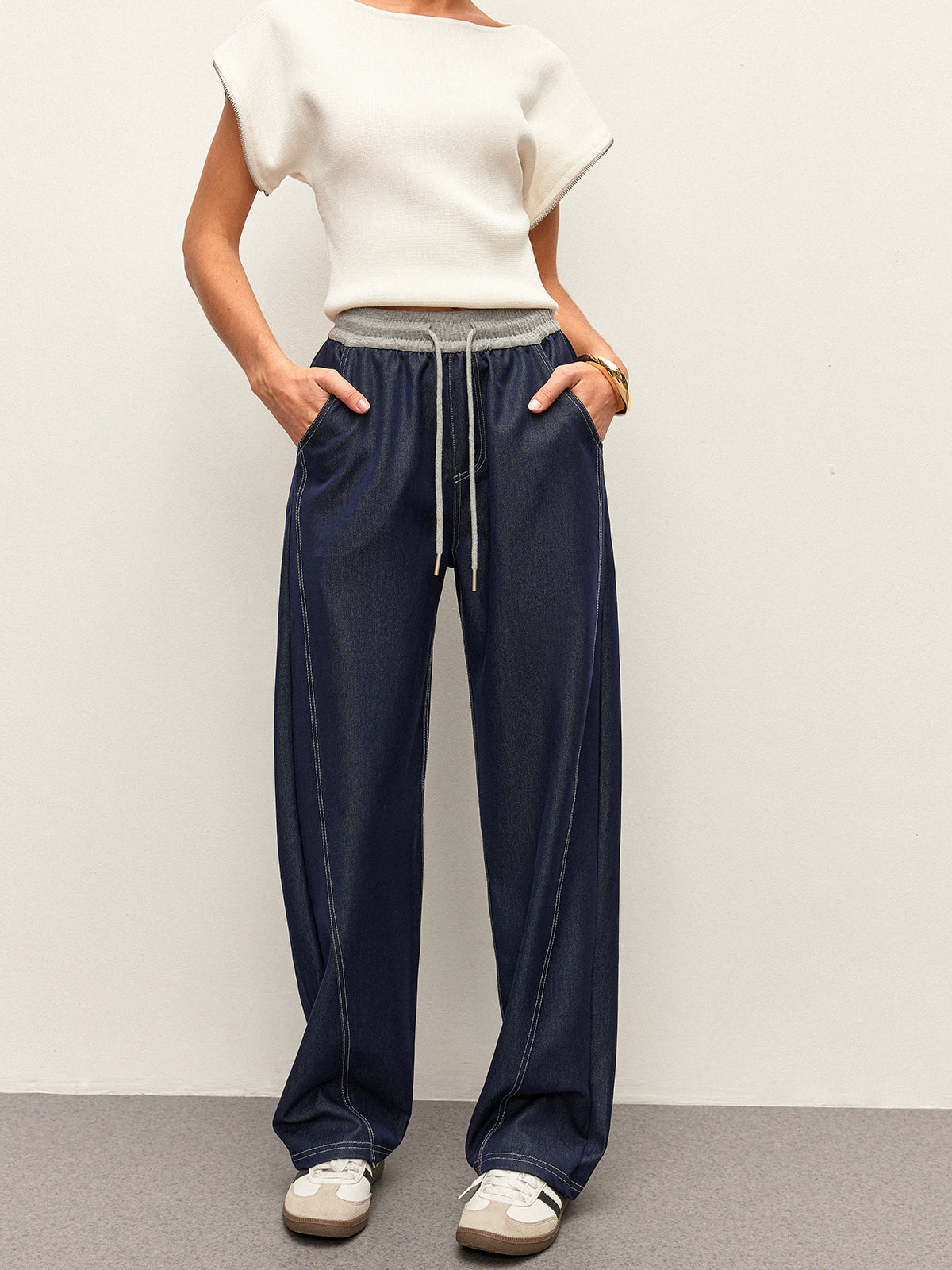 High-waist Drawstring Denim Pants With Pockets