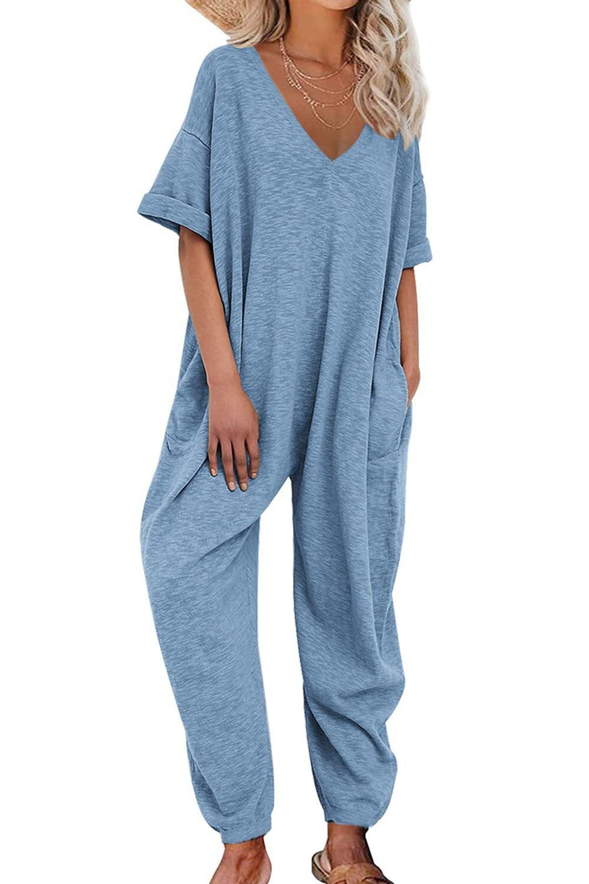 Cotton V Neck Loose Jumpsuits