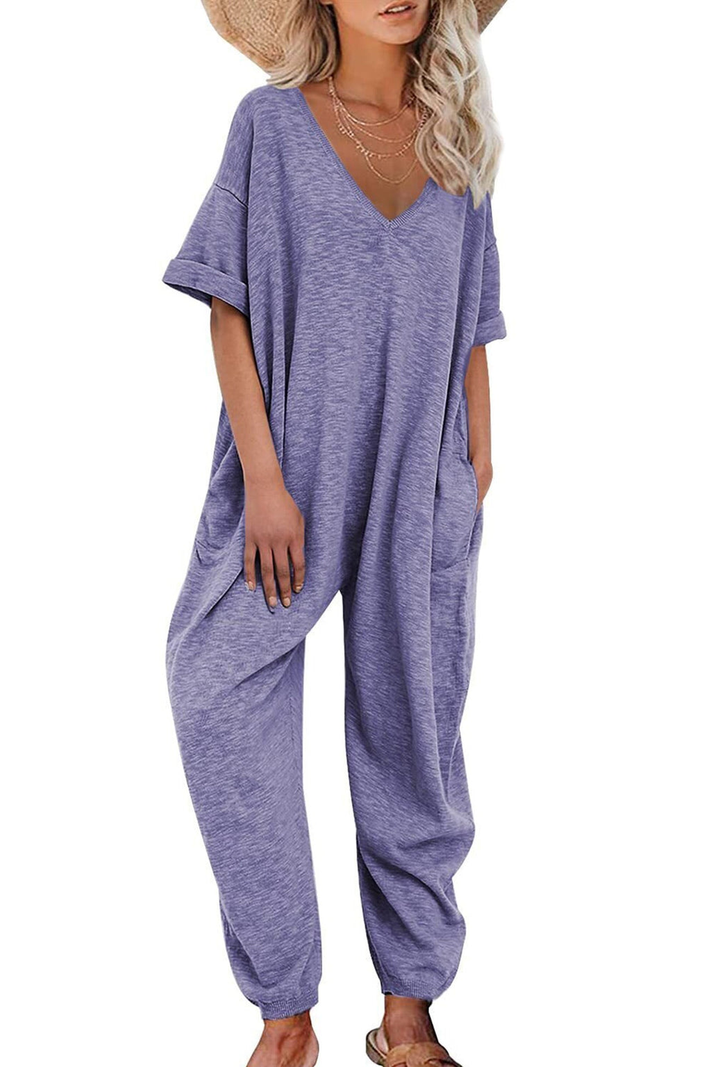Cotton V Neck Loose Jumpsuits