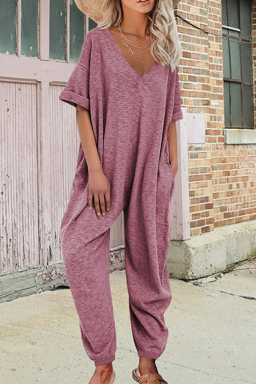 Cotton V Neck Loose Jumpsuits