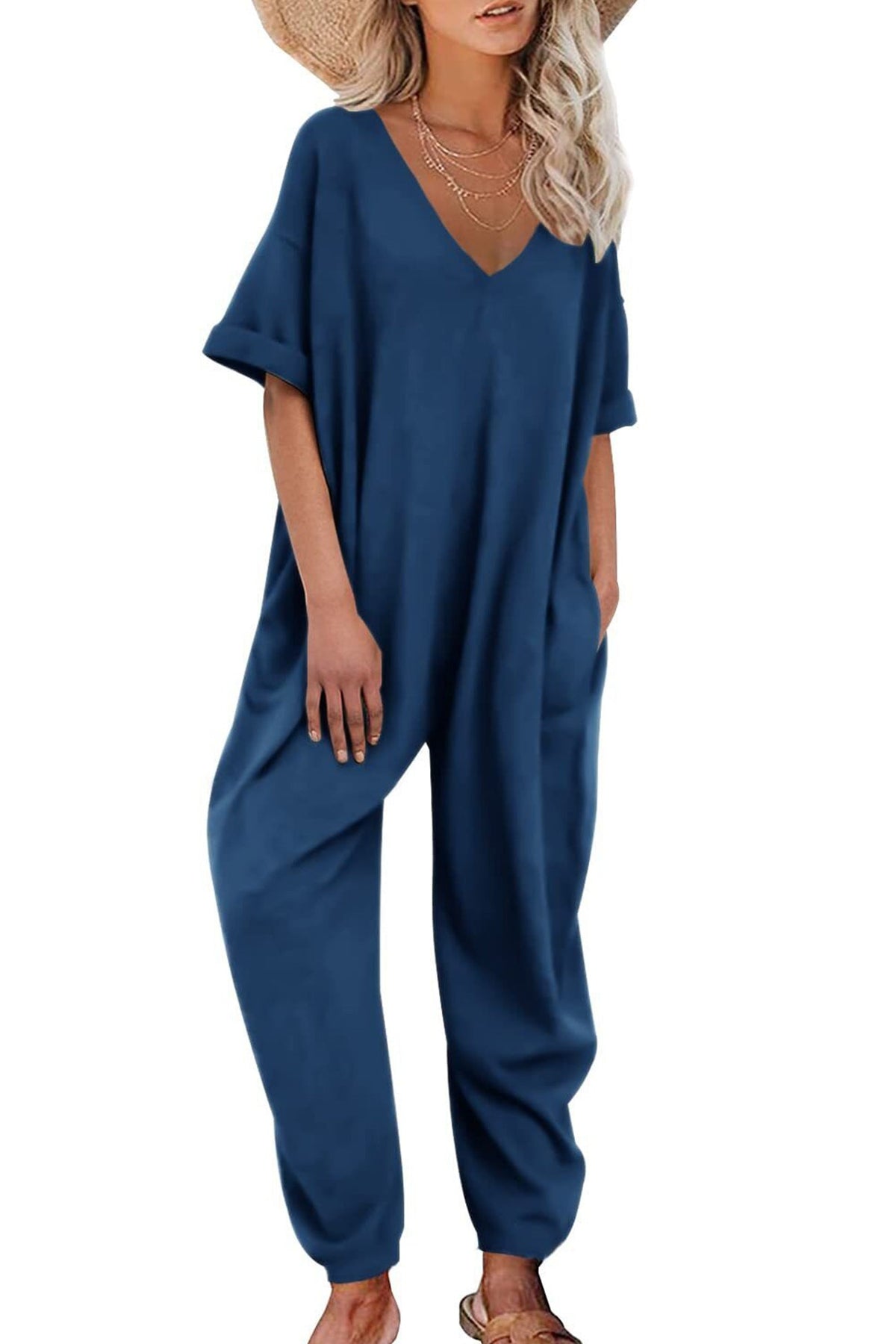 Cotton V Neck Loose Jumpsuits