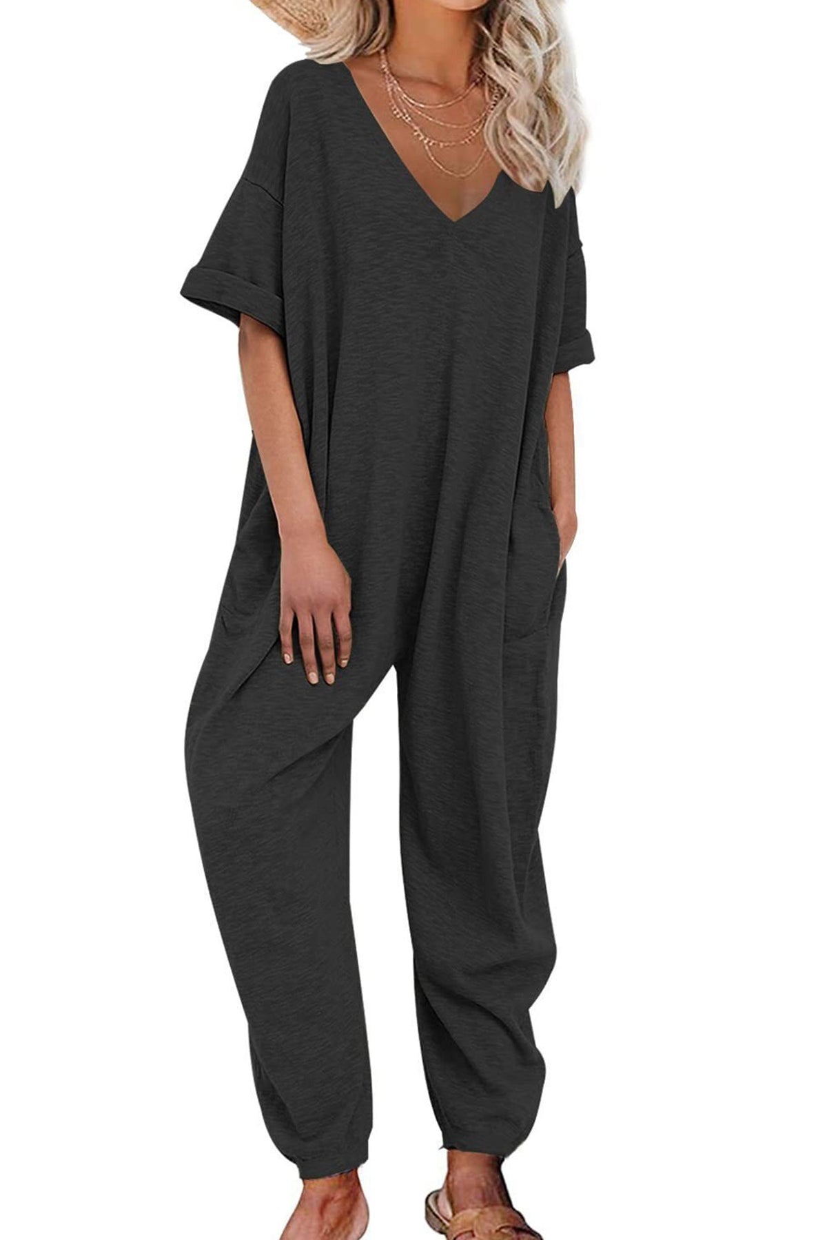 Cotton V Neck Loose Jumpsuits