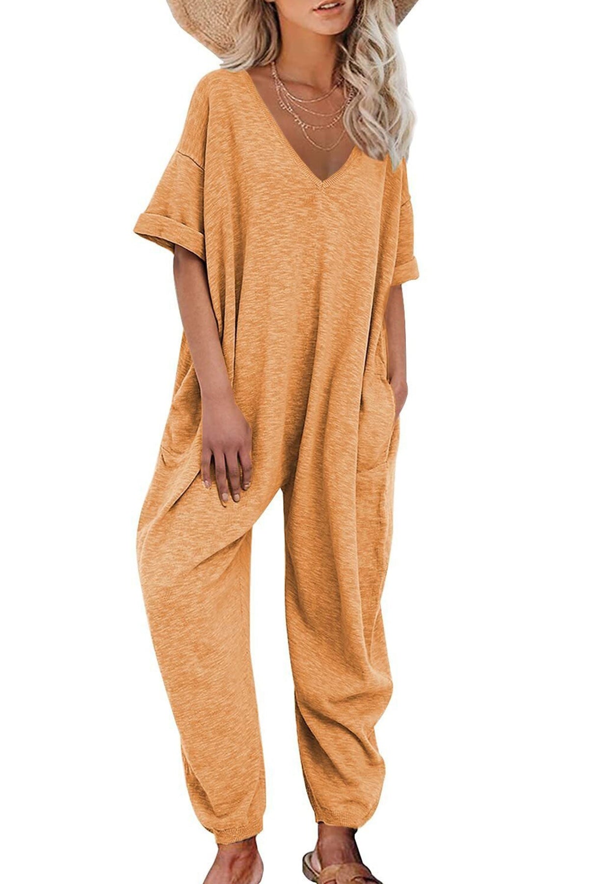 Cotton V Neck Loose Jumpsuits