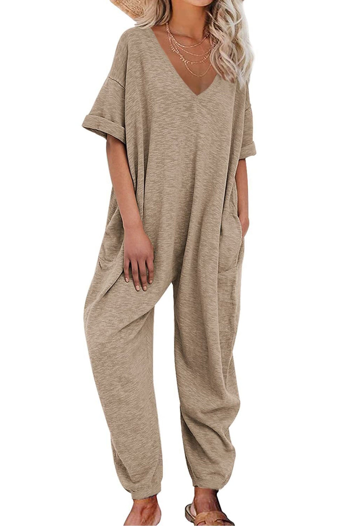 Cotton V Neck Loose Jumpsuits