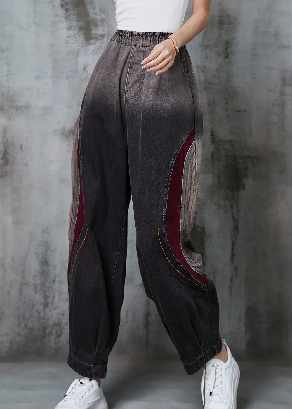 Gradient Color Embroidered Patchwork Denim Pants Spring Jk1017