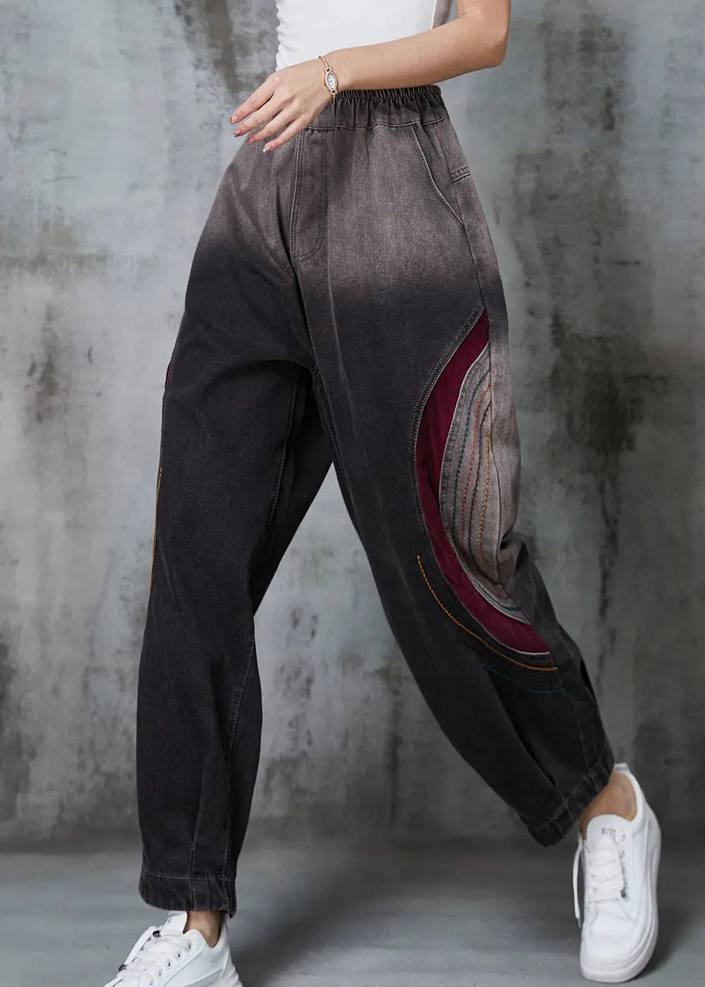 Gradient Color Embroidered Patchwork Denim Pants Spring Jk1017