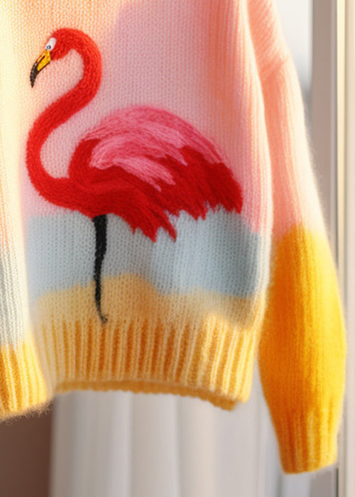 Pink O Neck Patchwork Knit Sweaters Fall Qg019