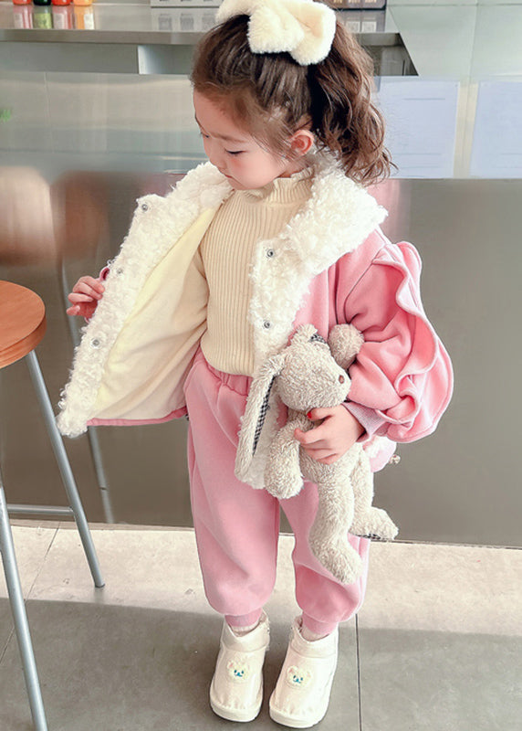 Pink Peter Pan Collar Warm Fleece Coats and Beam Pants Two Pieces Set Winter Tr016