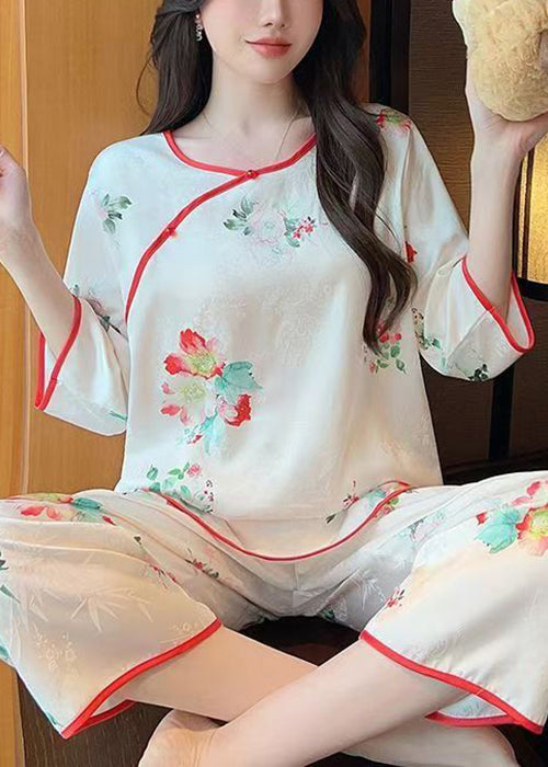 White Print Tops and Crop Pants Ice Silk Pajamas Two-piece Set Summer Yk003