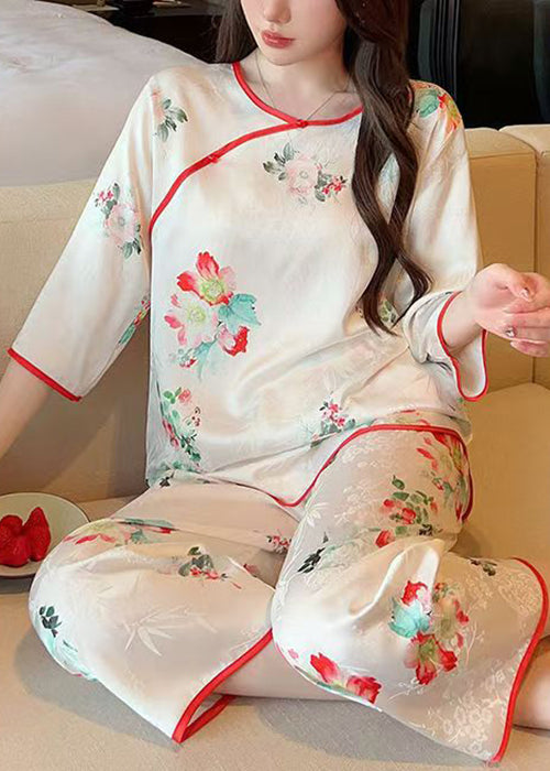 White Print Tops and Crop Pants Ice Silk Pajamas Two-piece Set Summer Yk003