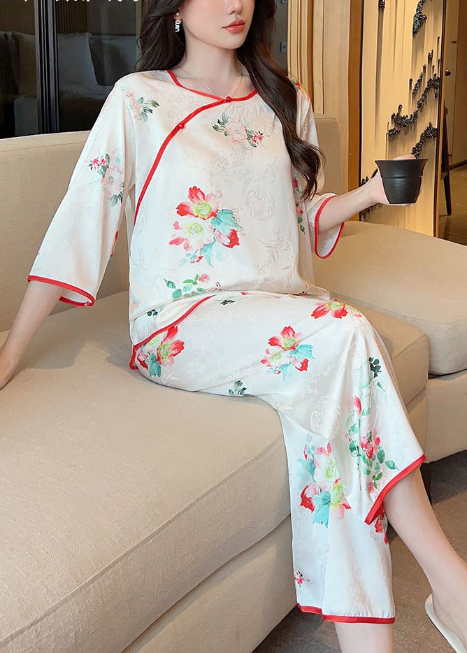 White Print Tops and Crop Pants Ice Silk Pajamas Two-piece Set Summer Yk003