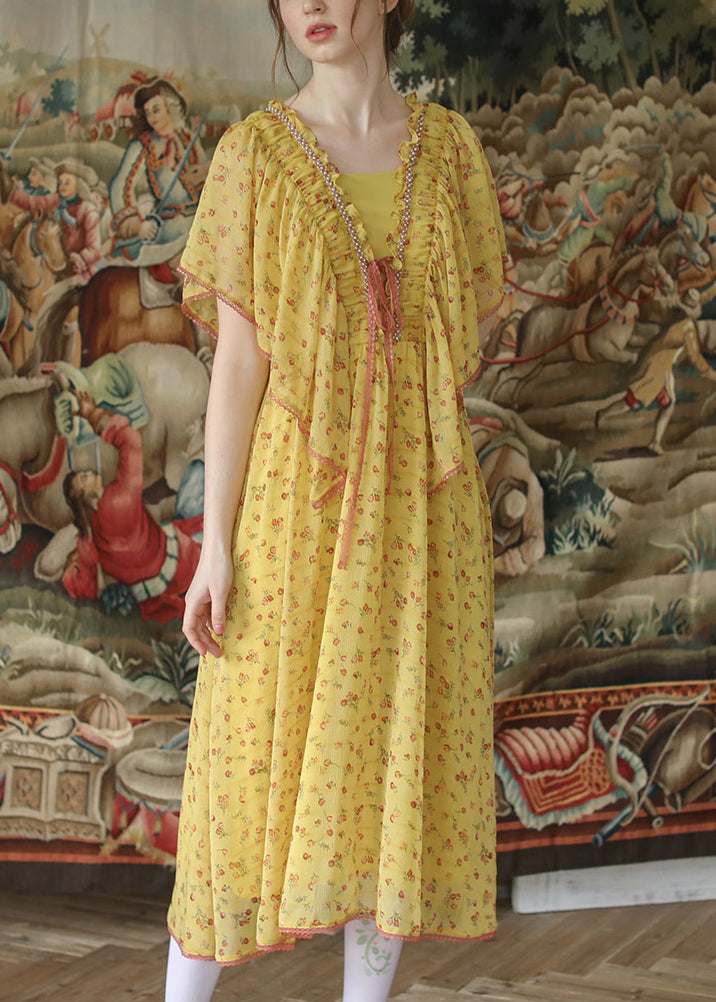 Yellow Ruffled Lace Up Nail Bead Chiffon Long Dresses Summer Qa1016