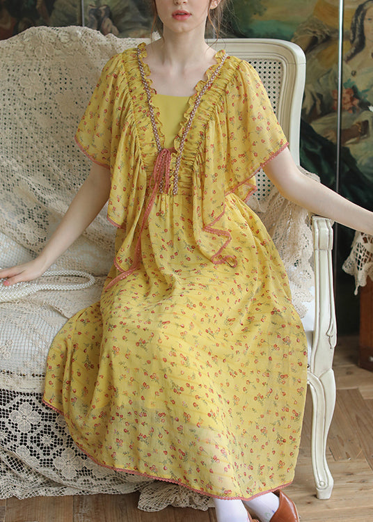 Yellow Ruffled Lace Up Nail Bead Chiffon Long Dresses Summer Qa1016