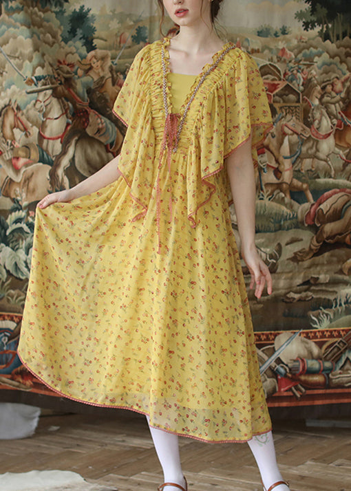 Yellow Ruffled Lace Up Nail Bead Chiffon Long Dresses Summer Qa1016