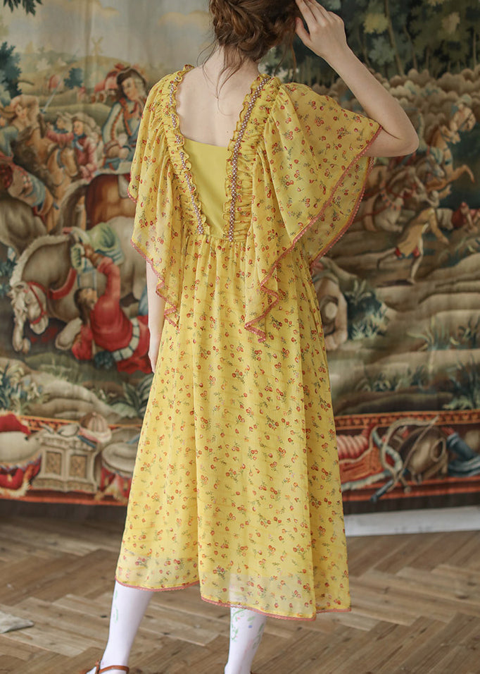 Yellow Ruffled Lace Up Nail Bead Chiffon Long Dresses Summer Qa1016