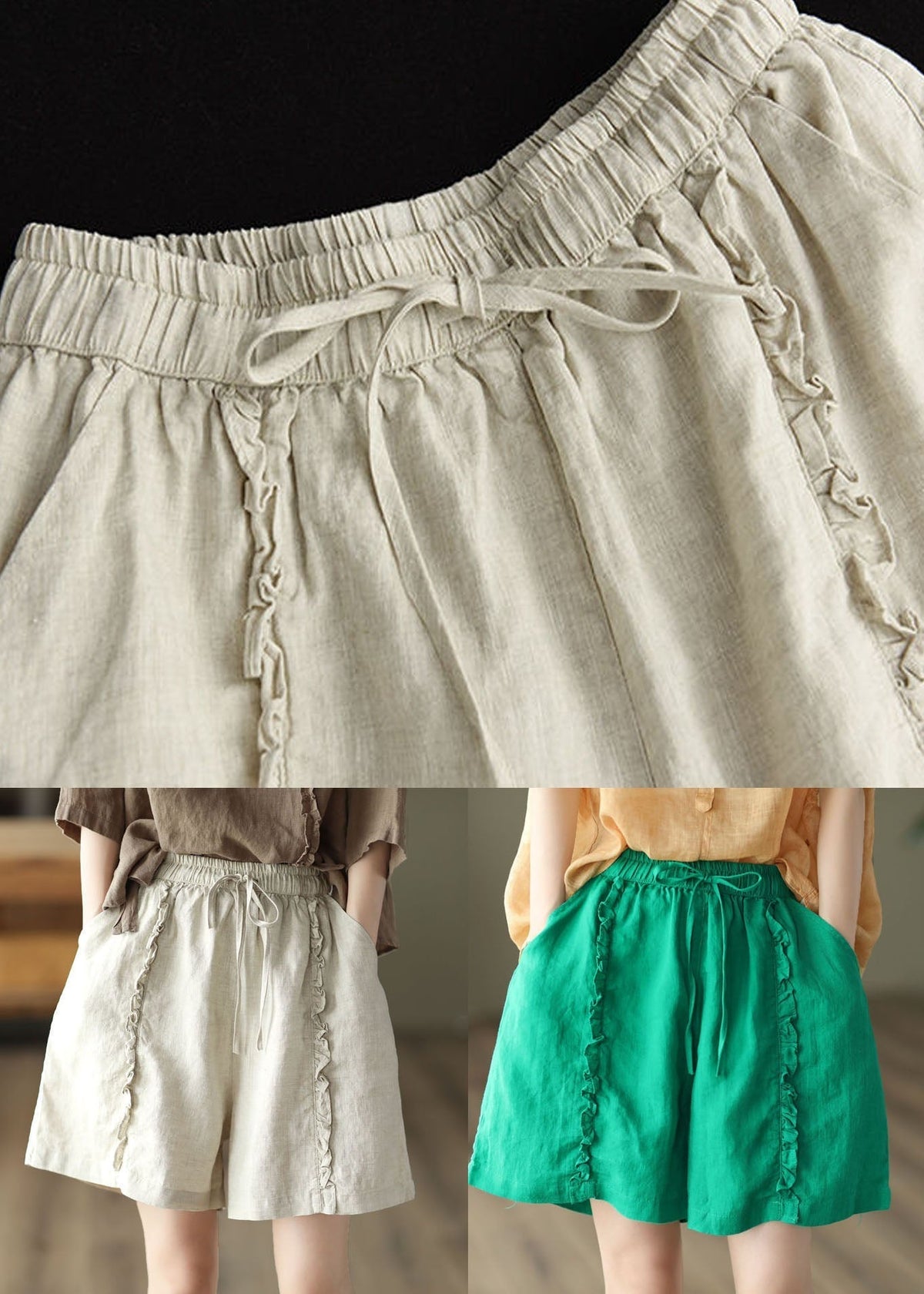 Beige Pockets Patchwork Linen Hot Pants Elastic Waist Summer Ly0603