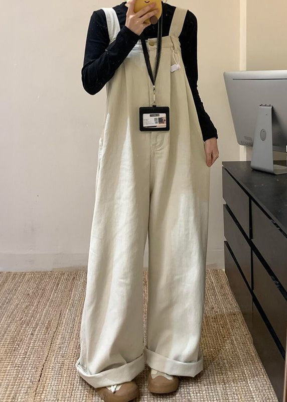 Waist Jumpsuit Wide Denim Summer High Beige Leg