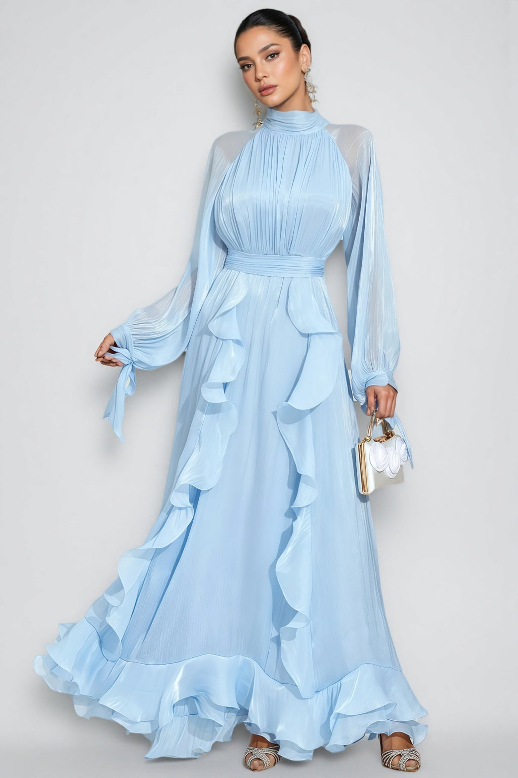Junatk Stand Collar Long Sleeve Frill Maxi Dress