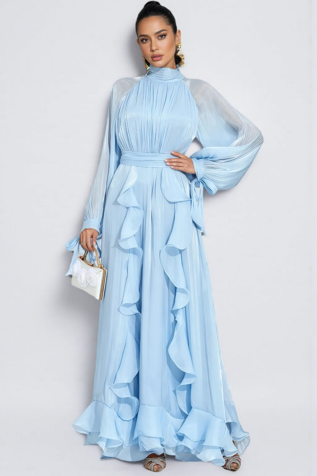 Junatk Stand Collar Long Sleeve Frill Maxi Dress