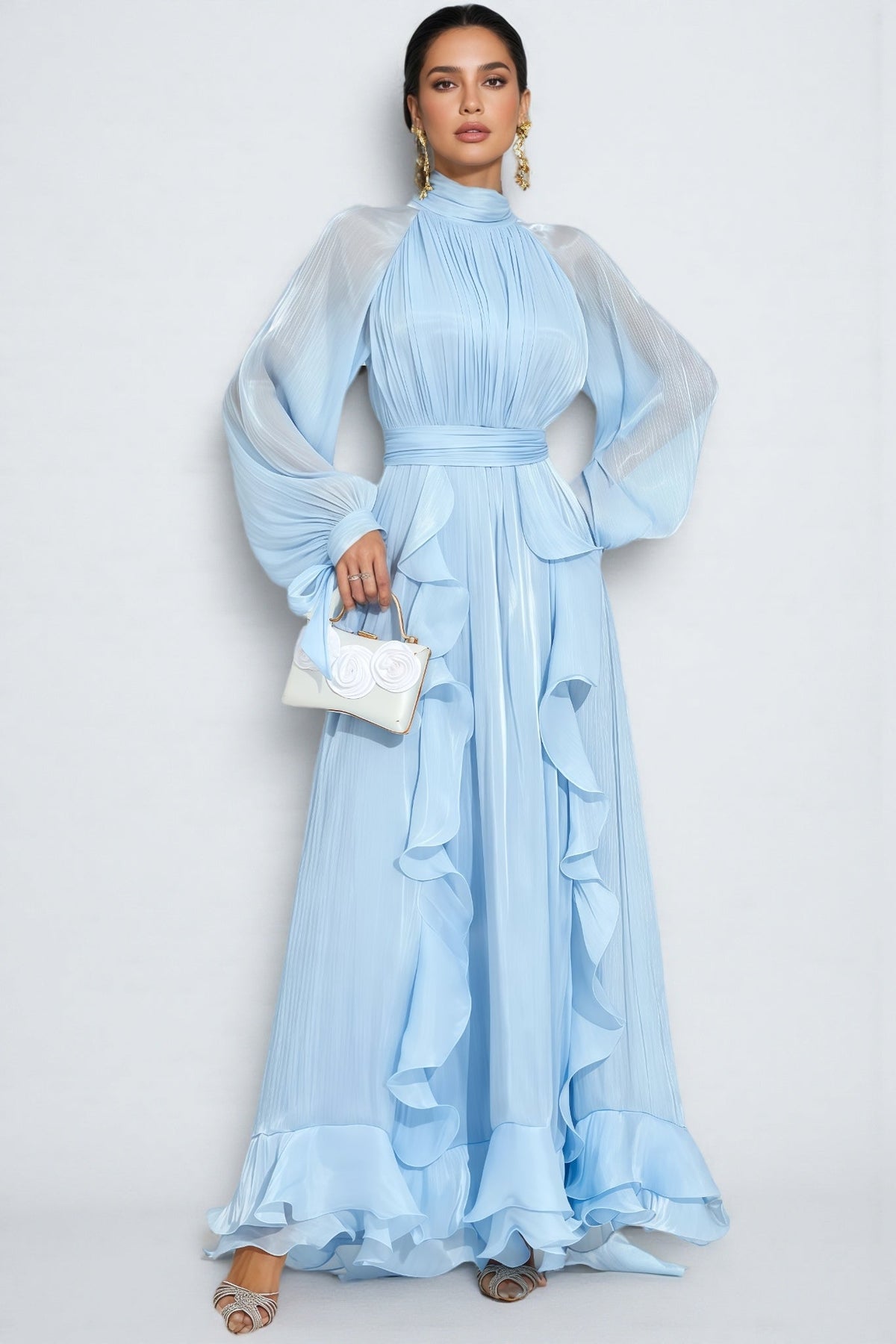 Junatk Stand Collar Long Sleeve Frill Maxi Dress