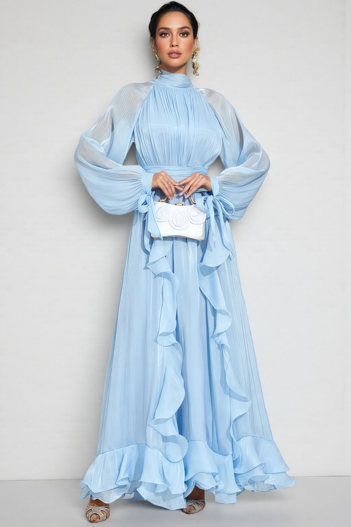 Junatk Stand Collar Long Sleeve Frill Maxi Dress