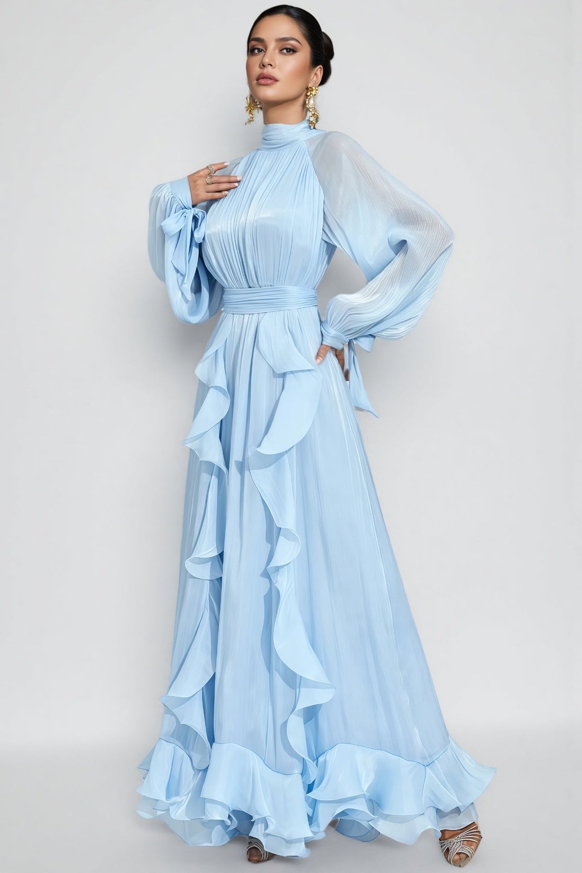 Junatk Stand Collar Long Sleeve Frill Maxi Dress