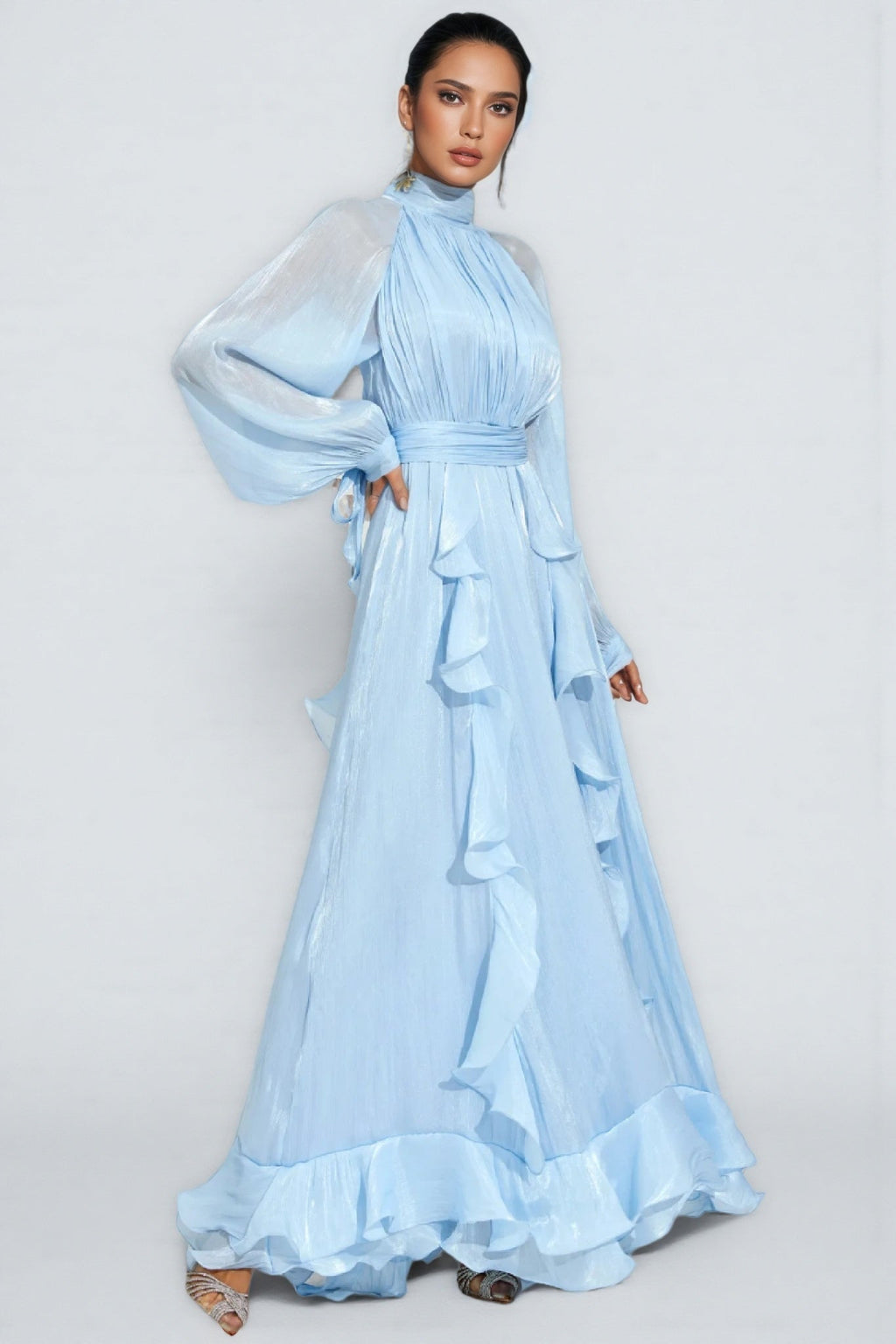 Junatk Stand Collar Long Sleeve Frill Maxi Dress