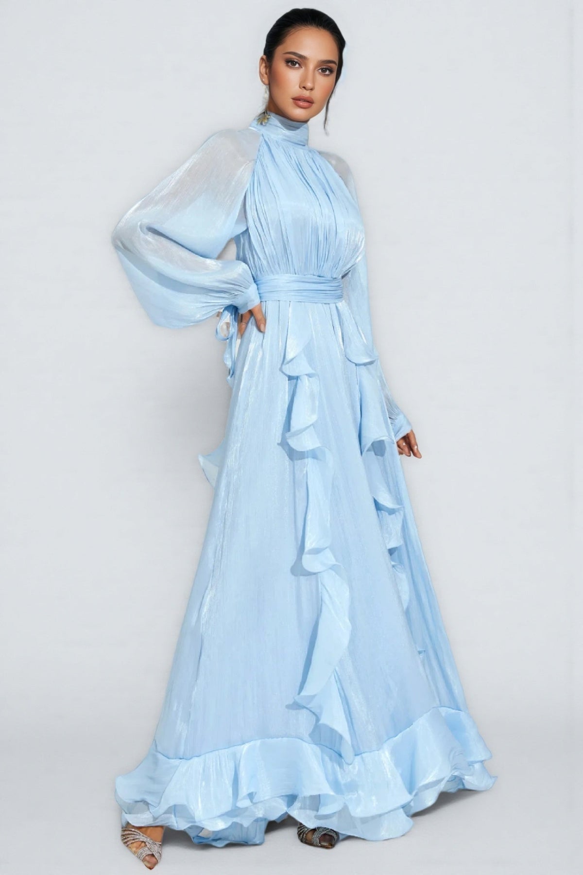 Junatk Stand Collar Long Sleeve Frill Maxi Dress